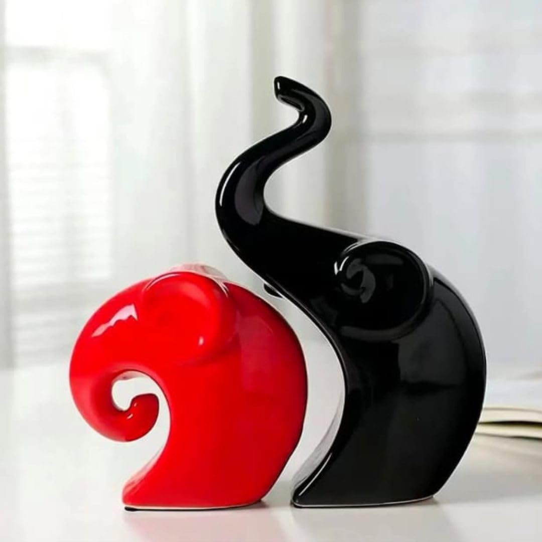 Set of 2 Cute Love Elephant Ceramic Statues (Black & Red) | Decorative Animal Figurines | Home Living Room Decor