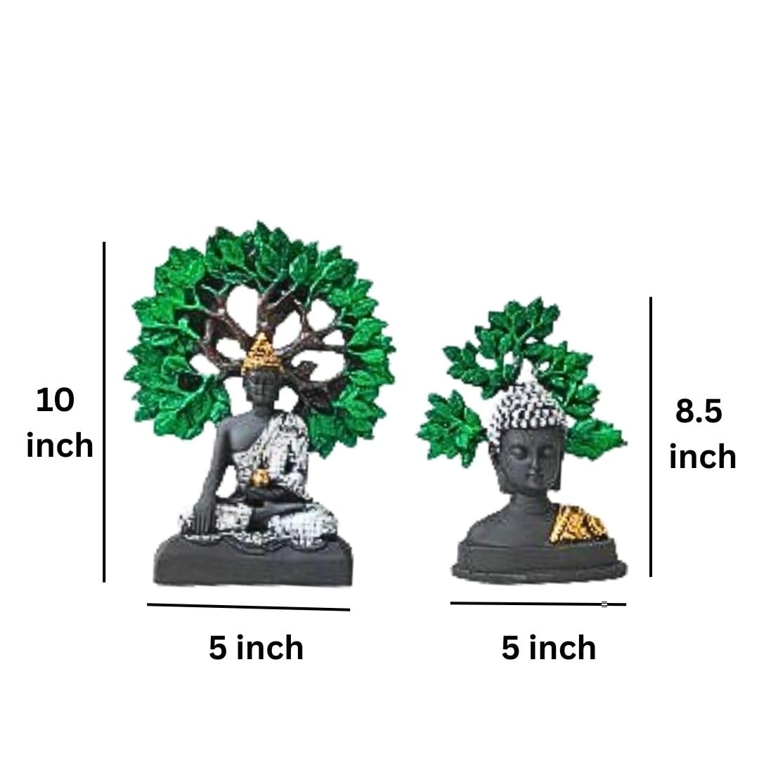 Serene Black & Silver Buddha Statues with Bodhi Tree Backdrop (Set of 2)