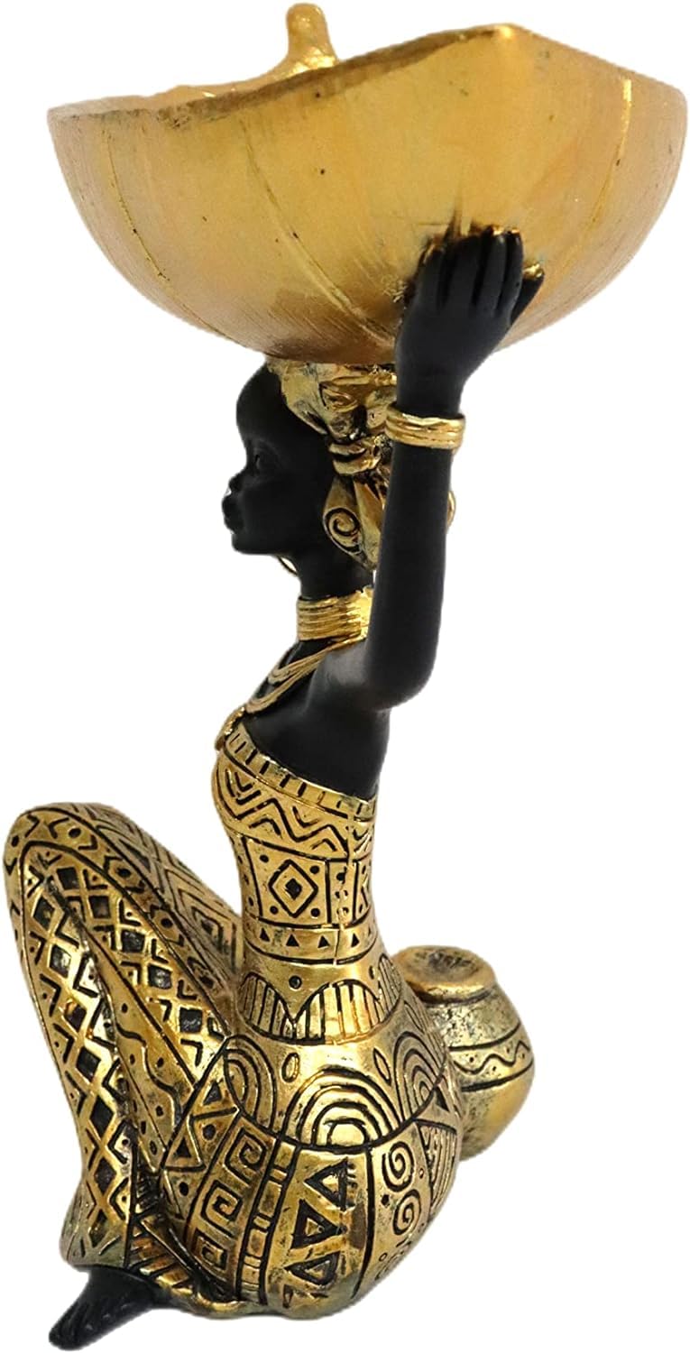 African Woman Figurine with Golden Leaf Serving Dish | Ethnic Home Decor Accent | Resin Bowl Tabletop Centerpiece