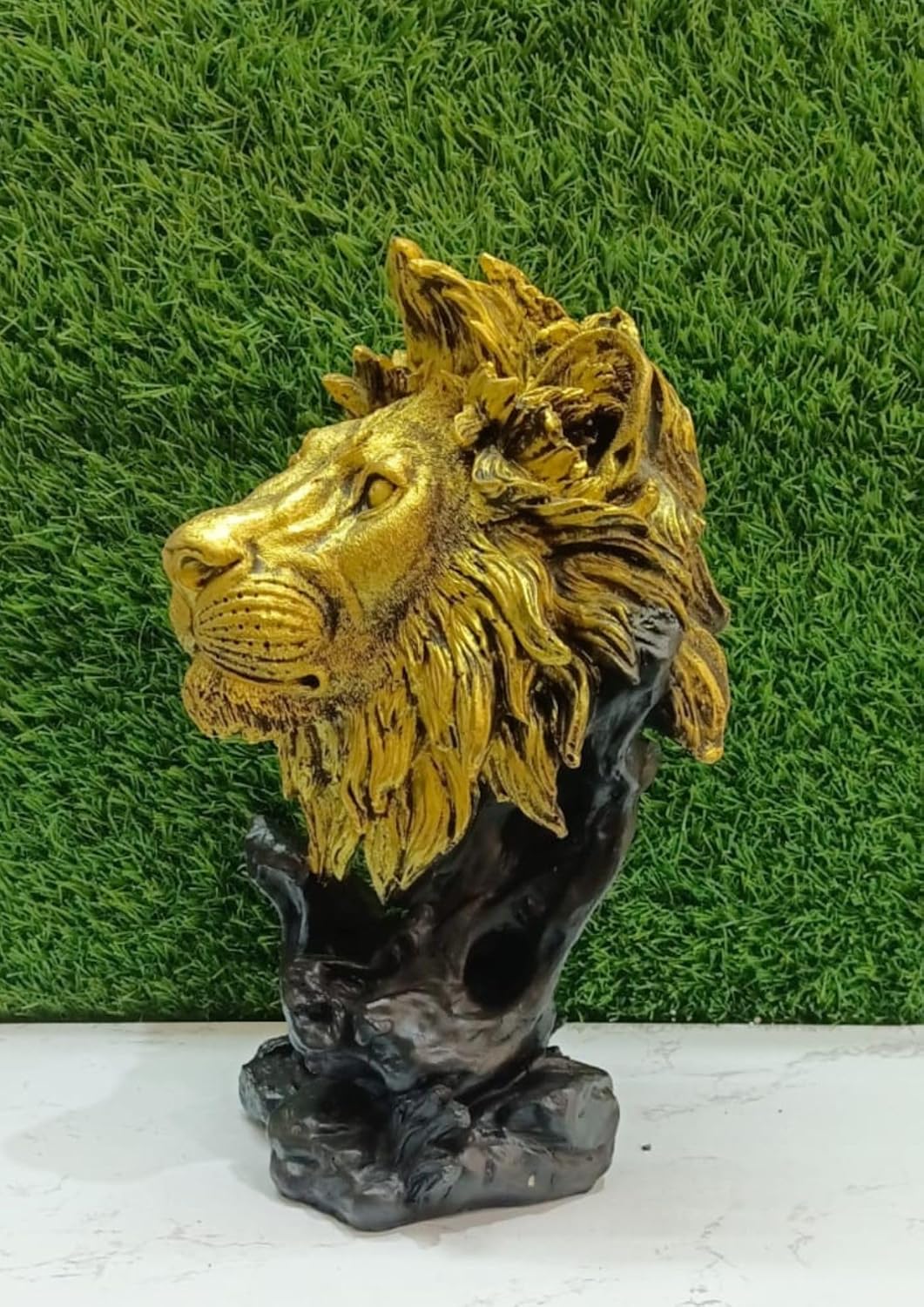 Regal Golden Lion Head Bust Statue | Majestic Wildlife Resin Sculpture | Luxury Home and Office Decor Accent