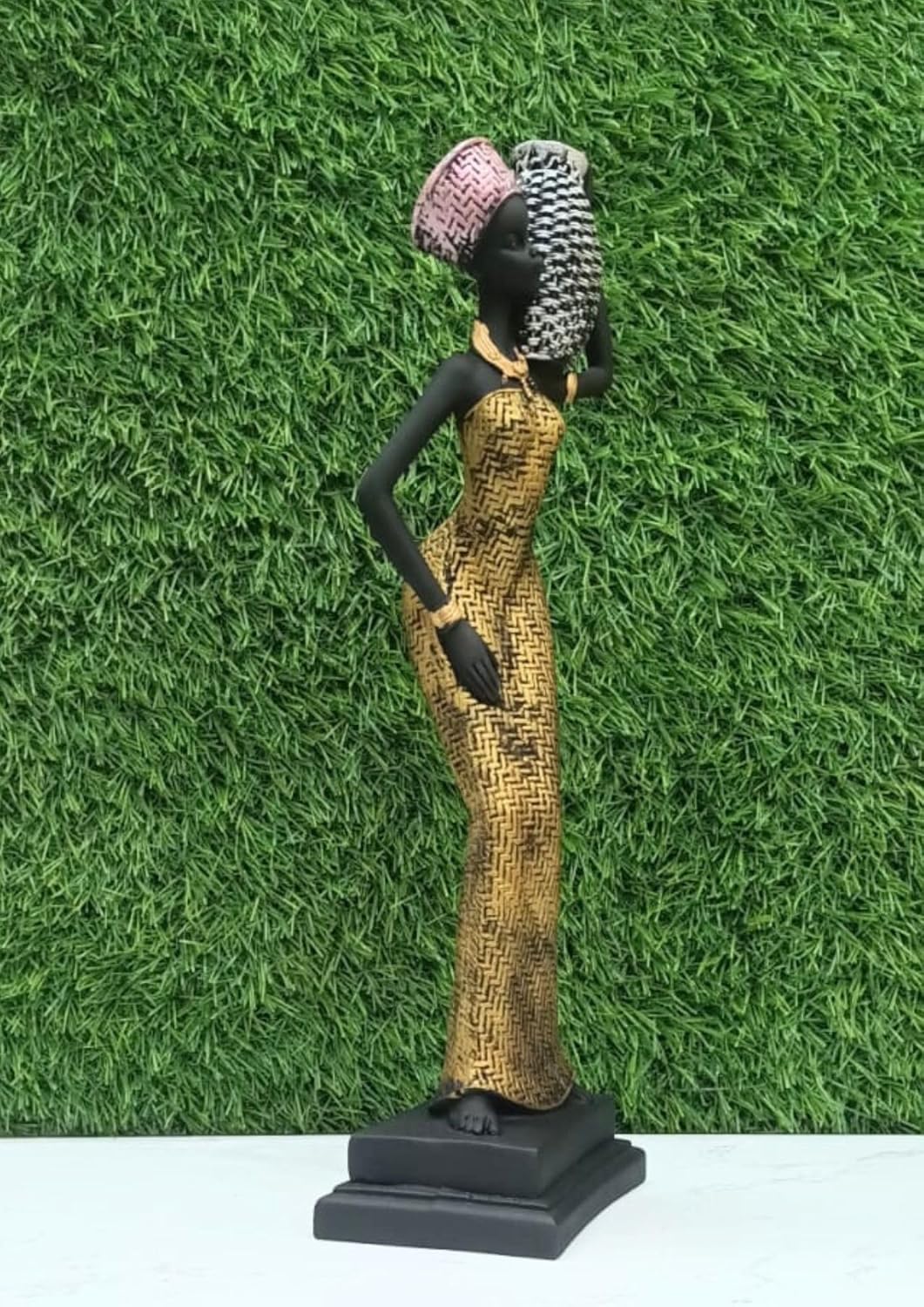 African Tribal Lady Statue with Basket | Resin Ornament Collectible Art Piece