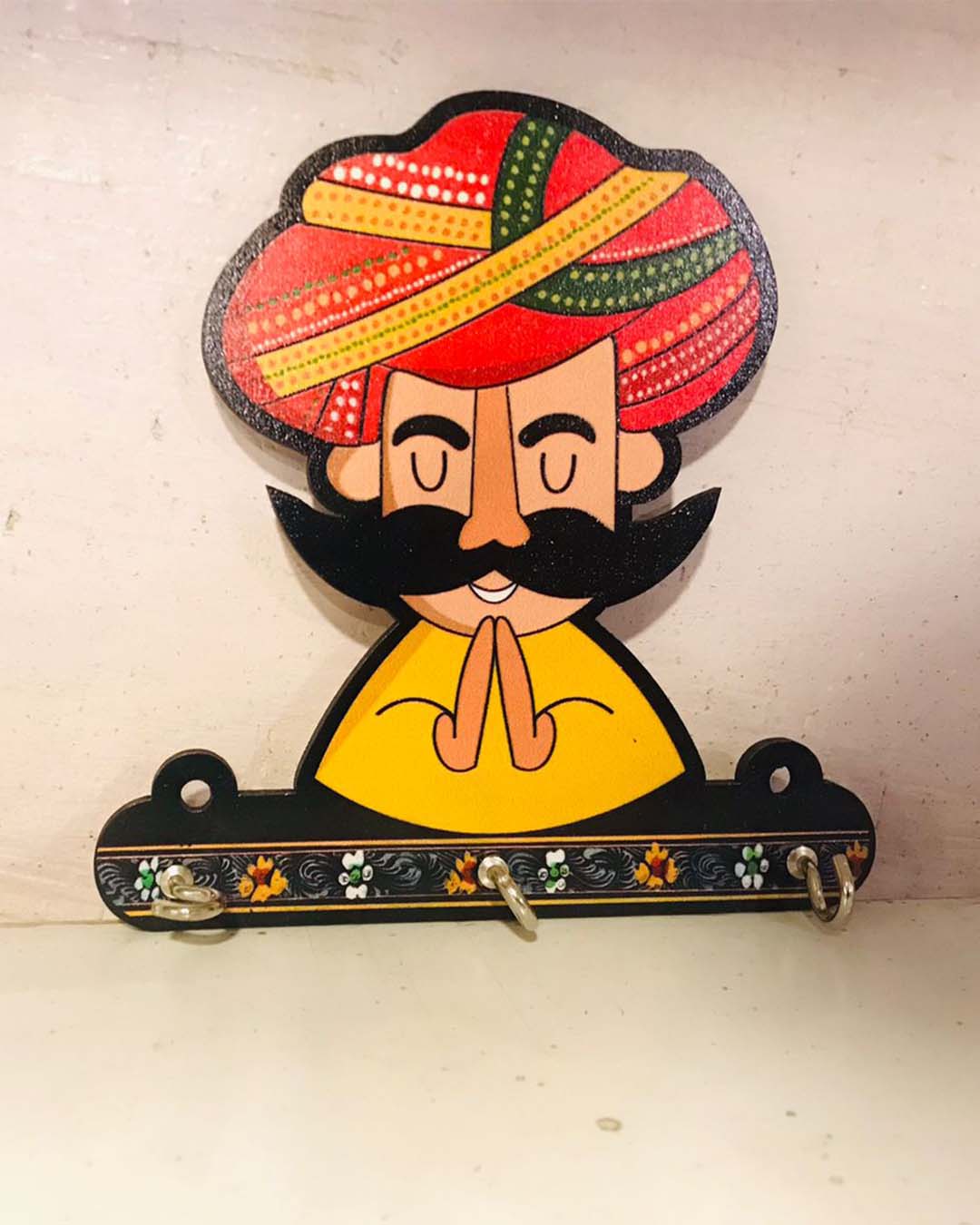 Rajasthani Man Namaste Key Holder - Welcome Wood Wall Hanger