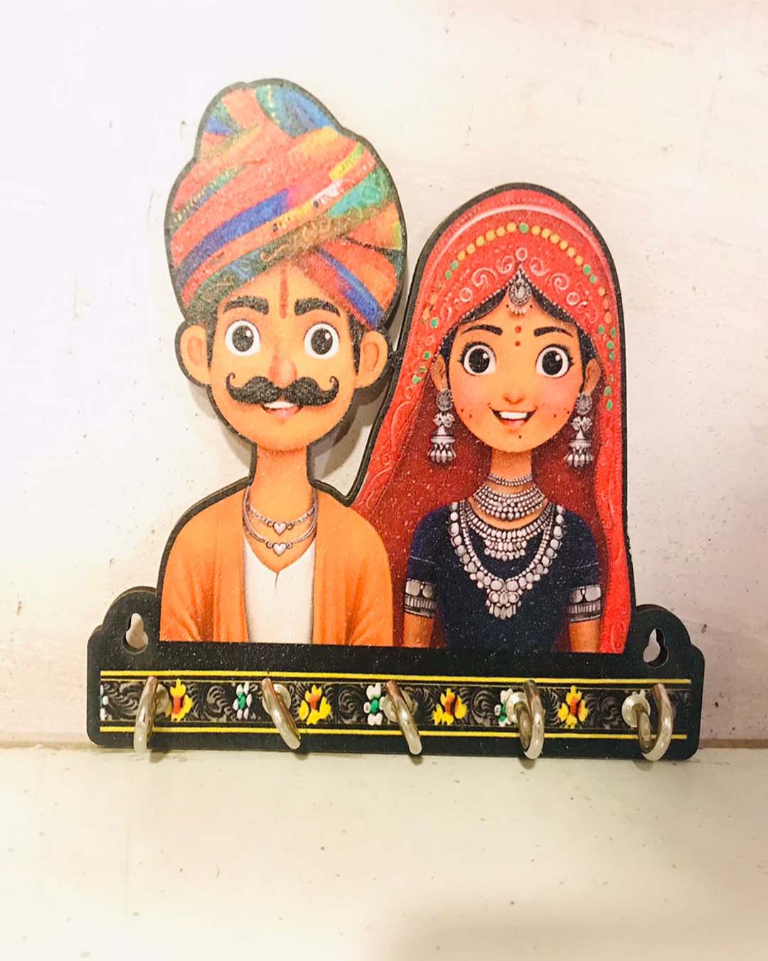 Cute Rajasthani Cartoon Couple Key Holder - Modern Ethnic Wall Decor