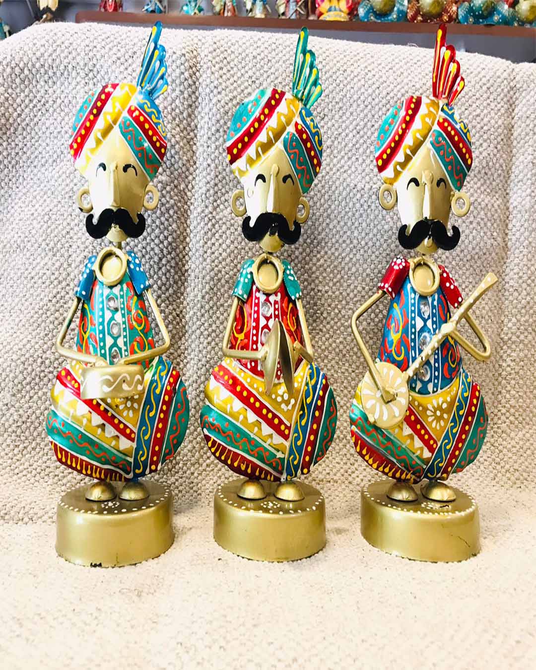 Geometric Patterned Metal Seated Musician Set - Traditional Rajasthani Decor