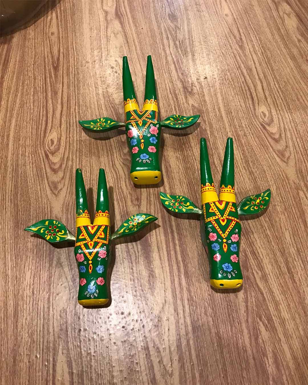 Set of 3 Hand-Painted Wooden Animal Head Decor - Indian Folk Art Accent