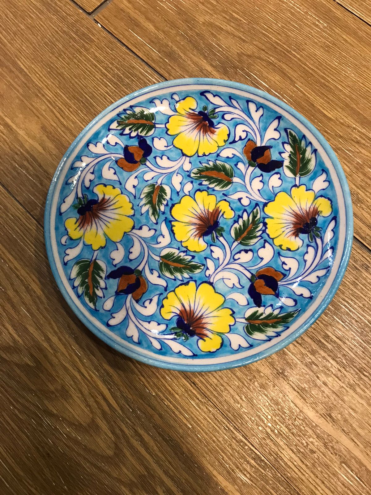 Vibrant Yellow & Blue Floral Design Hand-Painted Blue Pottery Plate (8 Inch)