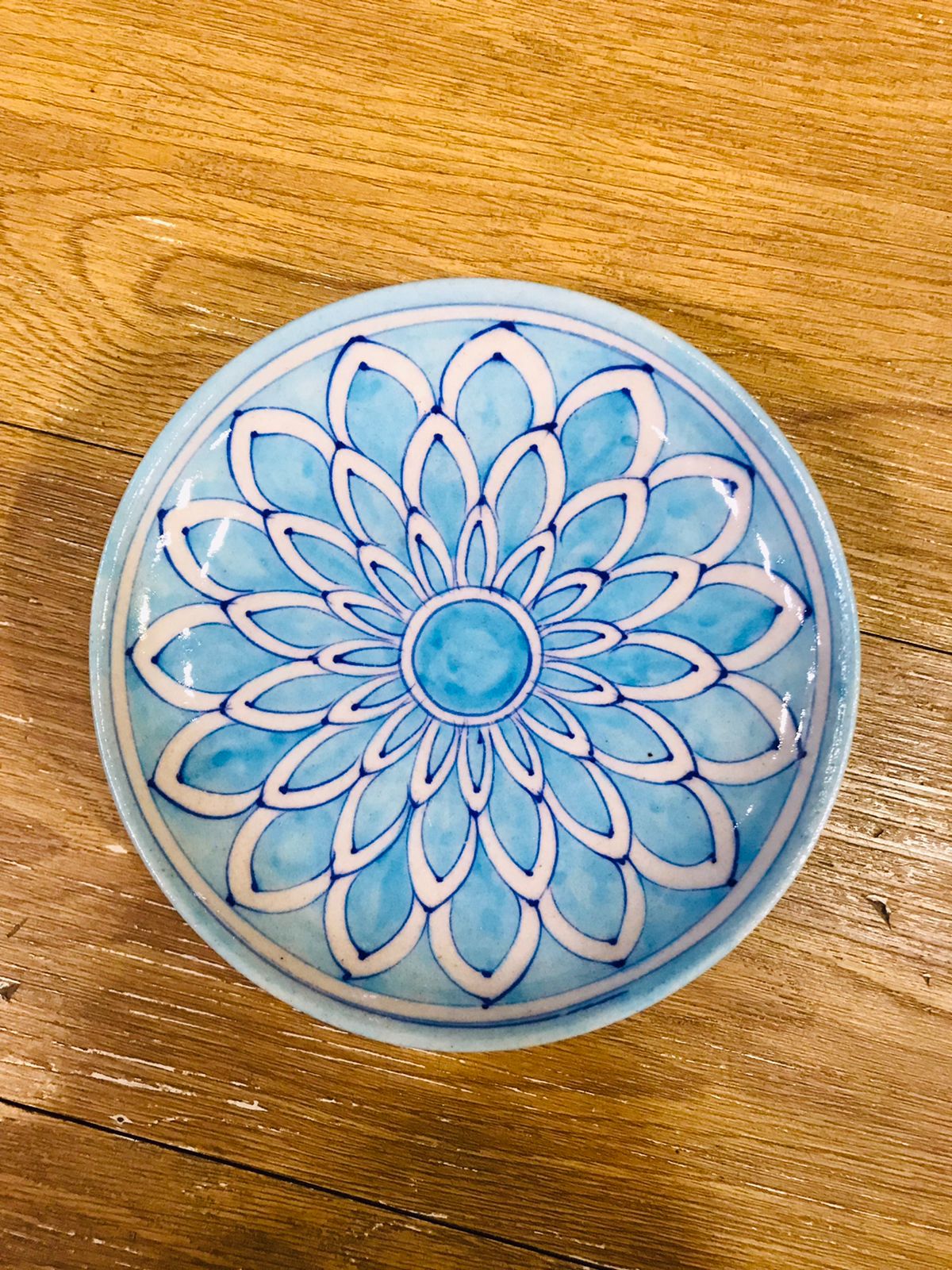 Minimalist Light Blue Geometric Mandala Blue Pottery Decorative Plate (8 Inch)