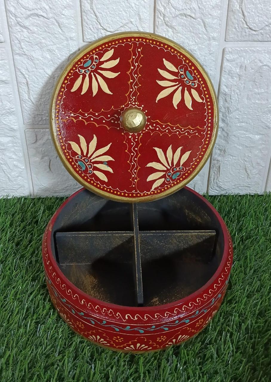 Traditional Red Wooden Jewelry Box | Decorative 4-Section Storage with Cream Floral Motifs