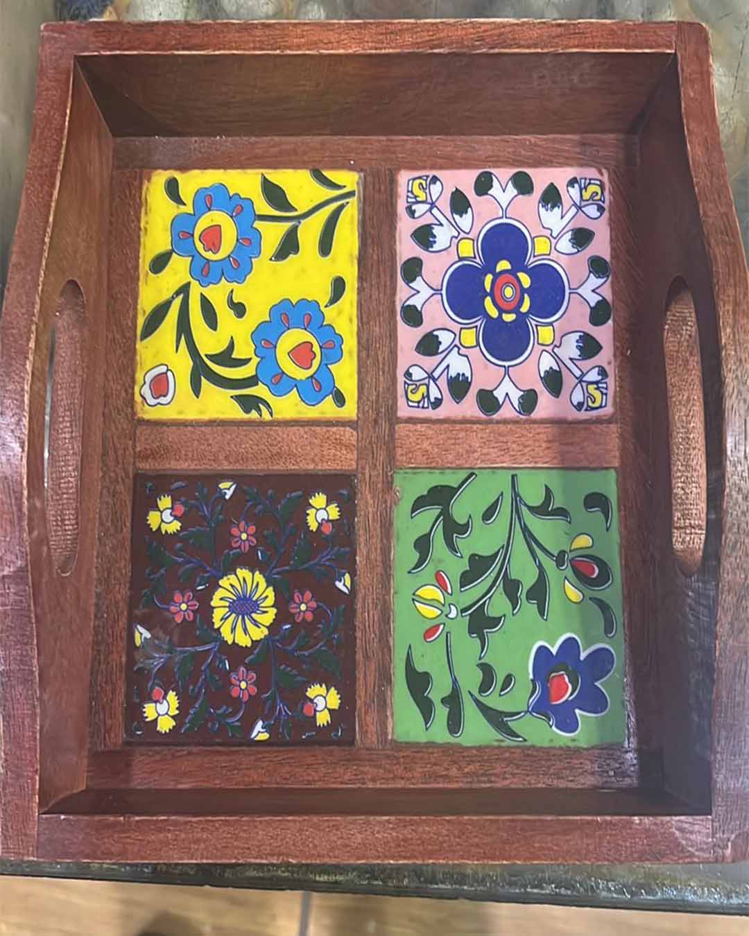 Handcrafted Wooden Serving Tray with Vibrant Ceramic Tile Inlay - Decorative Coaster Set