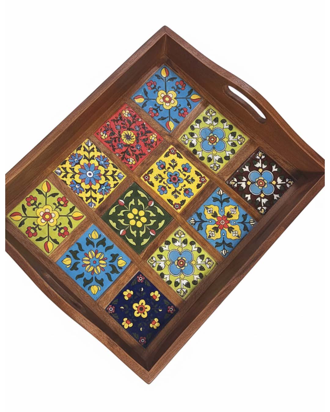 Vibrant Multicolored Ceramic Tile Inlay Wooden Tray - Handcrafted Rustic Decor