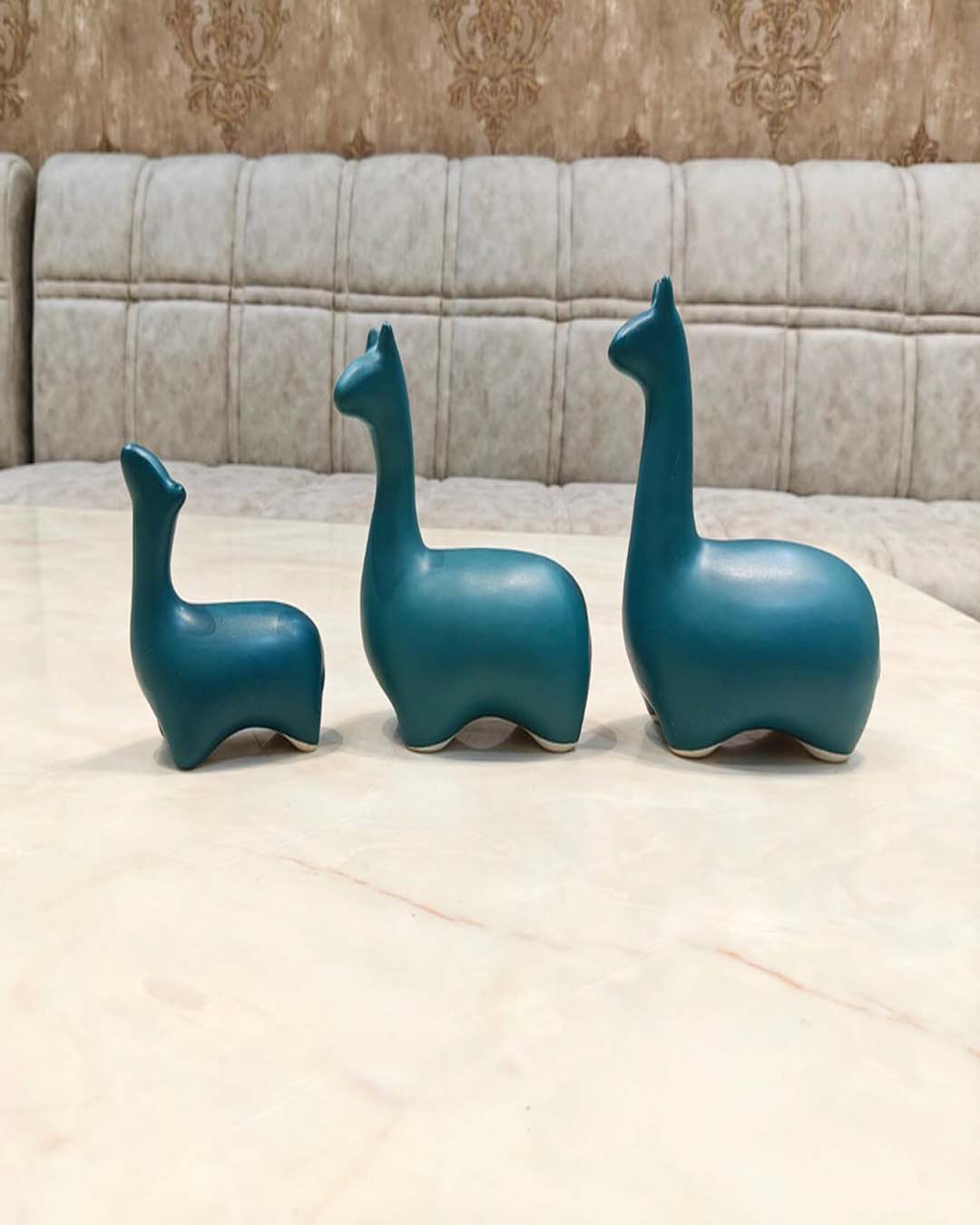 Set of 3 Modern Teal Llama Figurines - Ceramic Alpaca Sculptures for Nursery & Desk Décor
