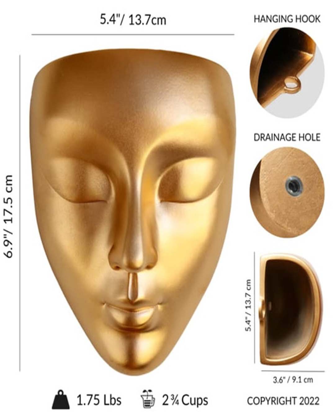 Luxe Gold Ceramic Face Planter - Wall-Mounted Head Vase for Indoor Trailing Plants