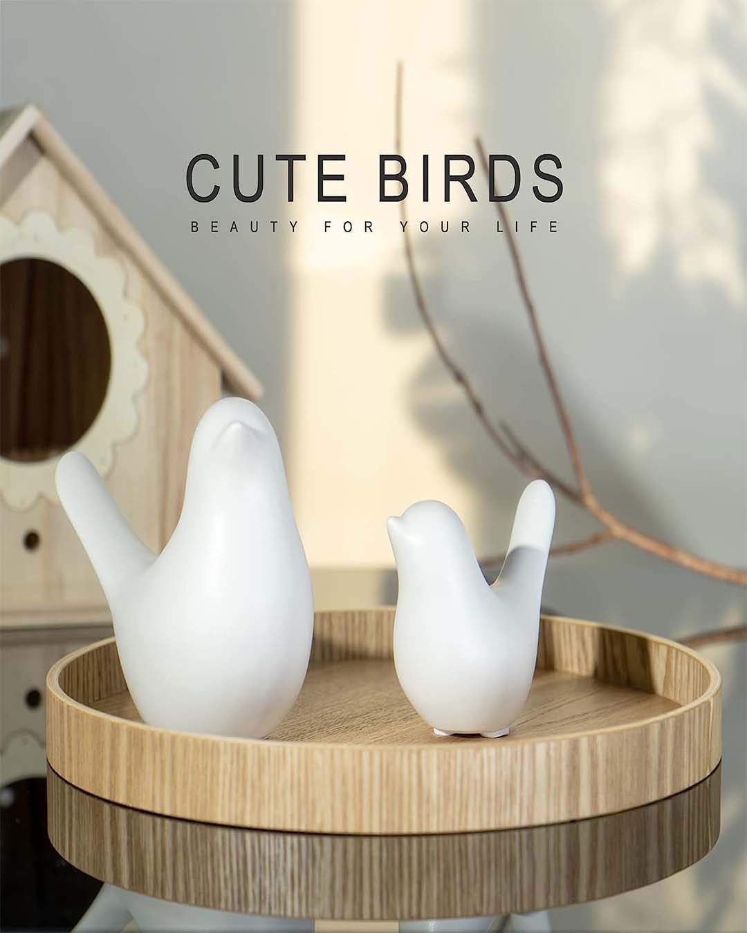 Minimalist White Ceramic Bird Figurines (Set of 2) | Rustic Shelf Decor