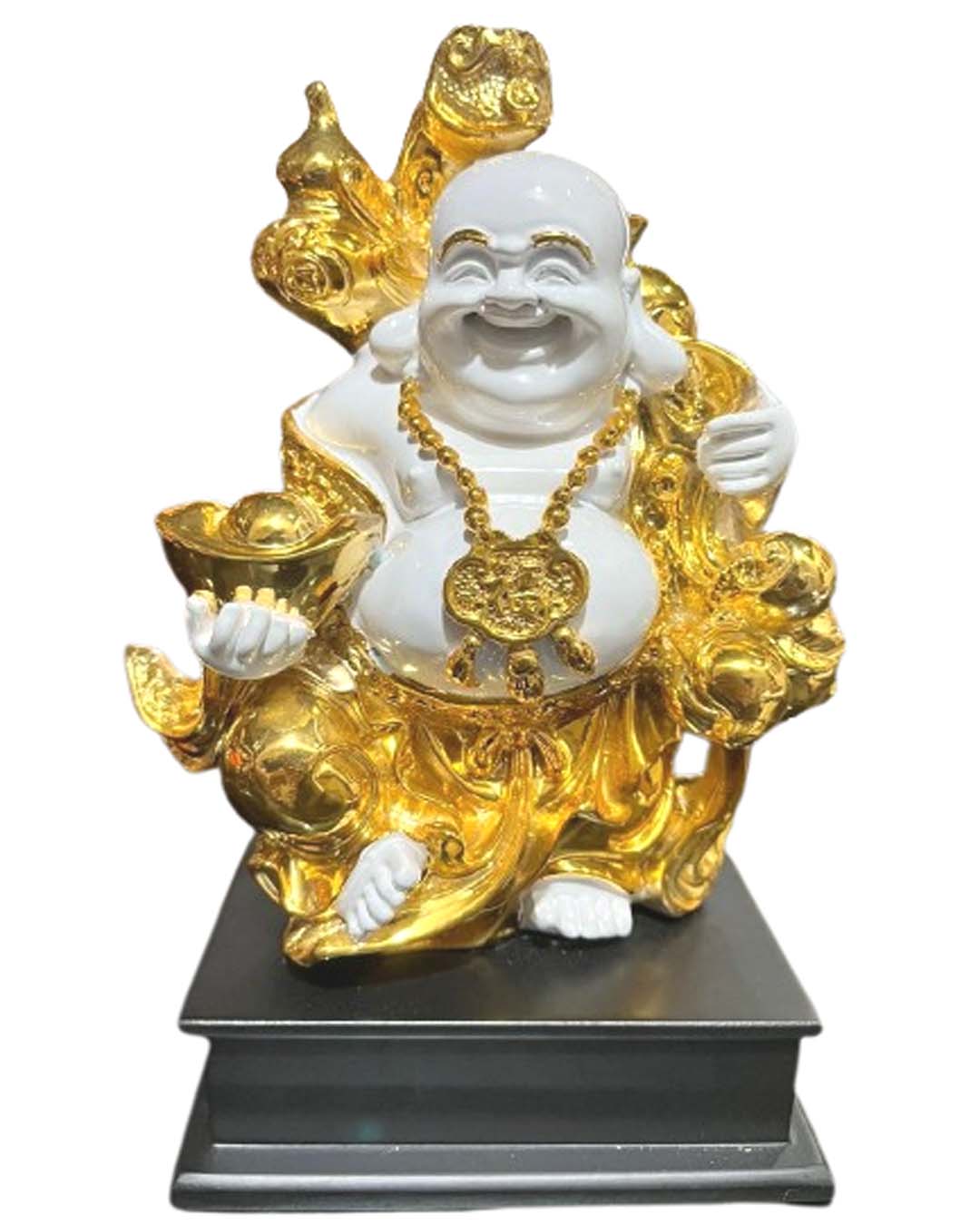 Laughing Buddha Statue - White & Gold Happy Buddha for Luck & Prosperity