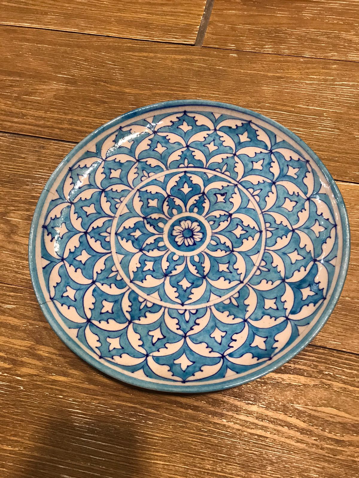 Hand-Painted Blue Pottery Mandala Plate - Elegant White & Blue Geometric Design (10 Inch)