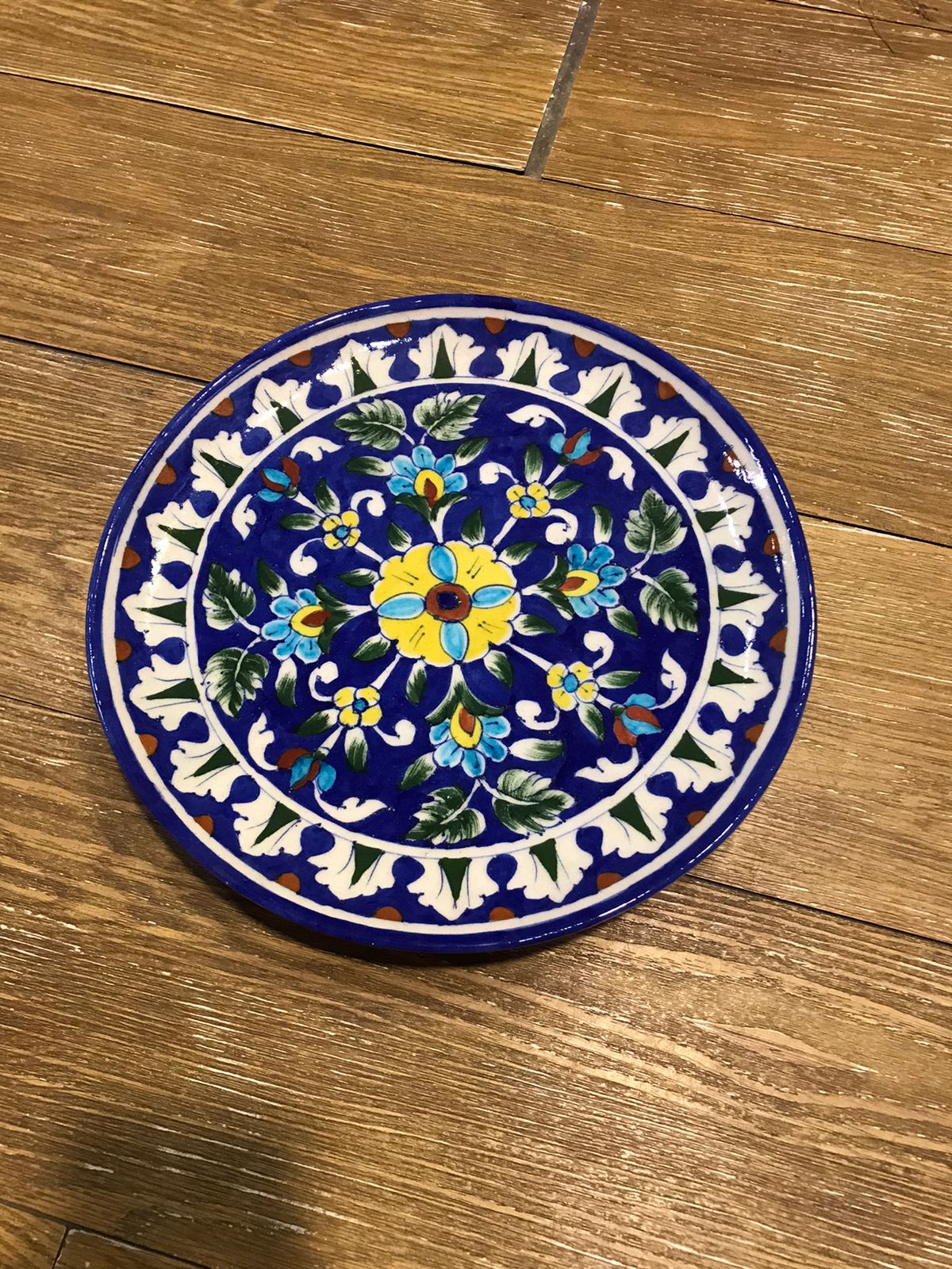 Intricate Dark Blue Pottery Plate - Yellow Center & Detailed Floral Border Design (10 Inch)