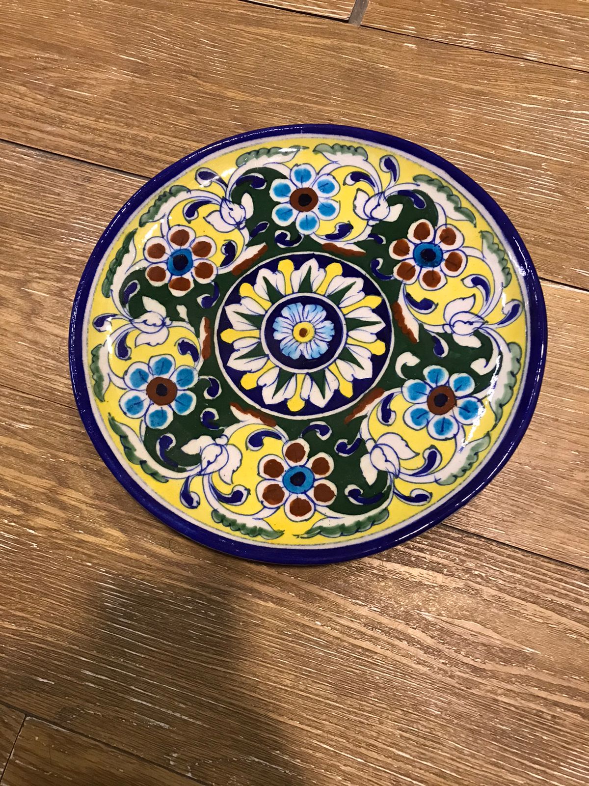 Multicolor Blue Pottery Wreath Plate - Yellow, Green, & Blue Hand-Painted Flowers (10 Inch)