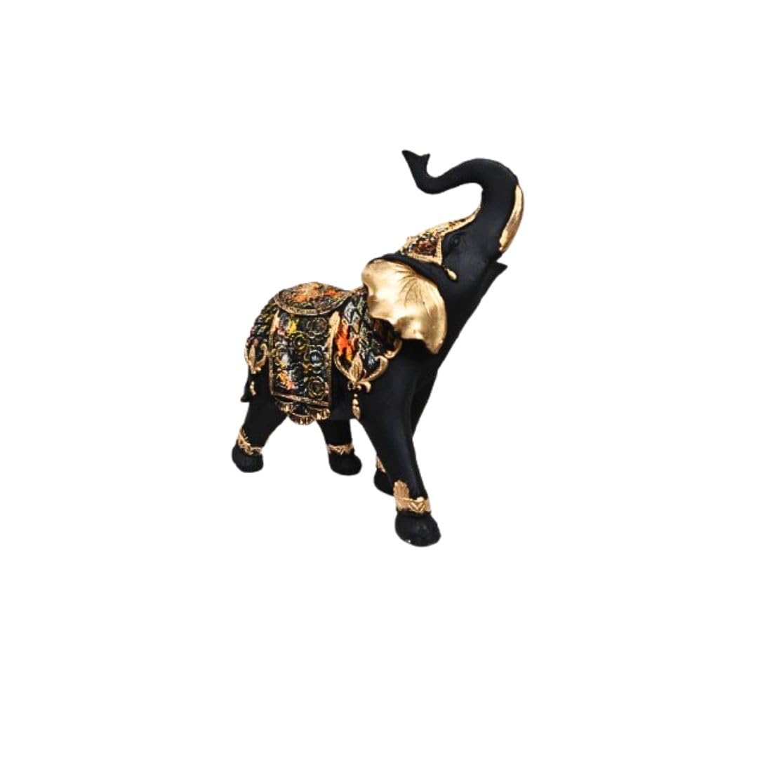 Black and Gold Elephant Idol with Raised Trunk | Vastu Lucky Elephant Tabletop Decor Showpiece (11.5 Inch)