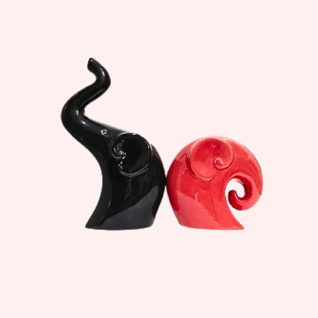 Set of 2 Cute Love Elephant Ceramic Statues (Black & Red) | Decorative Animal Figurines | Home Living Room Decor