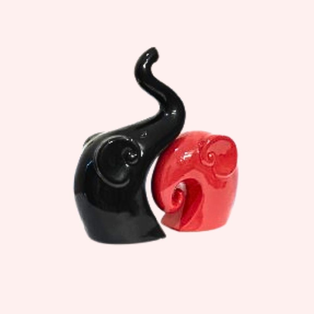Set of 2 Cute Love Elephant Ceramic Statues (Black & Red) | Decorative Animal Figurines | Home Living Room Decor