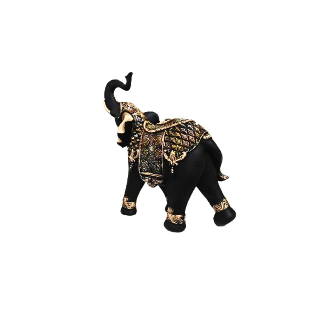Black and Gold Elephant Idol with Raised Trunk | Vastu Lucky Elephant Tabletop Decor Showpiece (11.5 Inch)