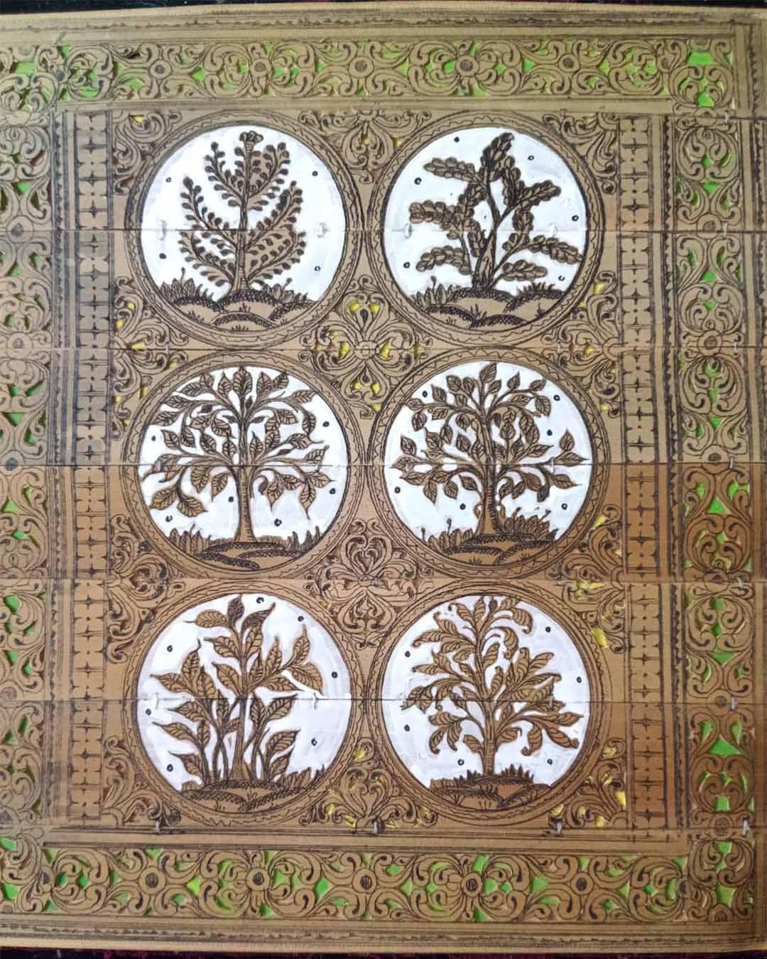 Traditional Handcrafted Botanical Wood Art Panel