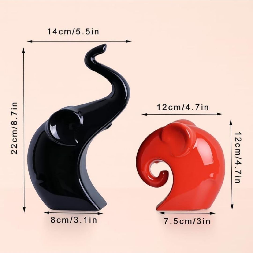 Set of 2 Cute Love Elephant Ceramic Statues (Black & Red) | Decorative Animal Figurines | Home Living Room Decor