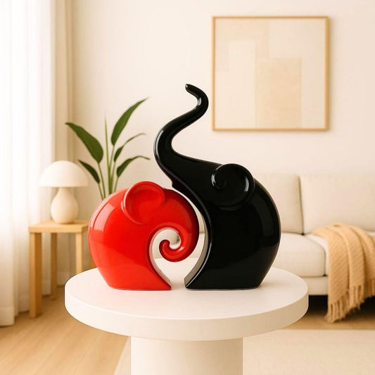 Set of 2 Cute Love Elephant Ceramic Statues (Black & Red) | Decorative Animal Figurines | Home Living Room Decor