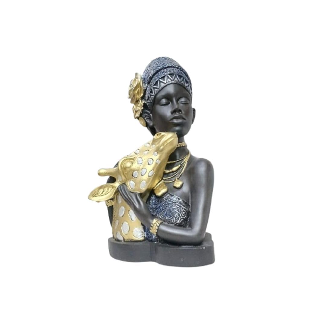 African Girl with Golden Giraffe Resin Showpiece – 13 Inch Elegant Stylish Accent Statue