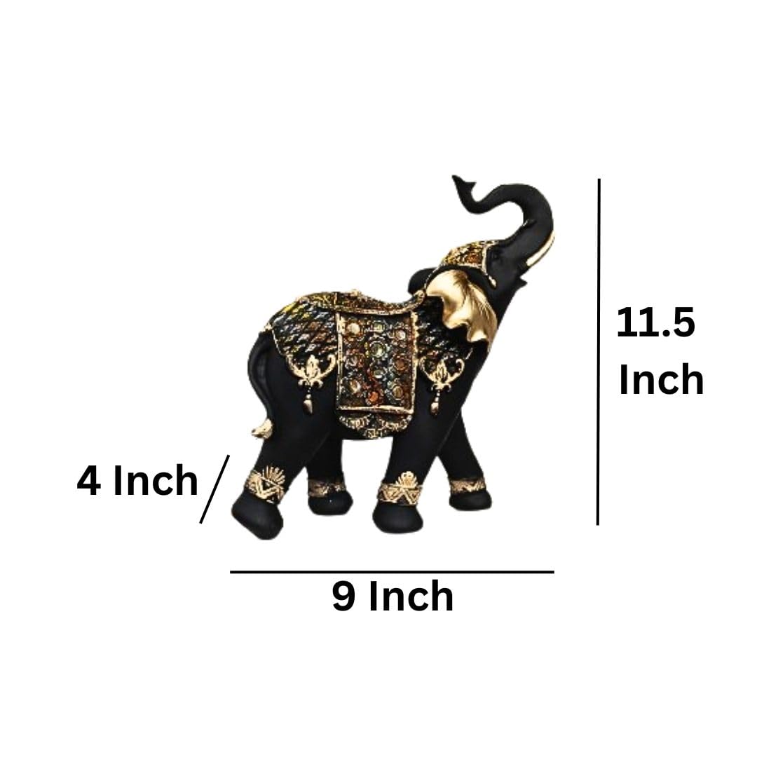 Black and Gold Elephant Idol with Raised Trunk | Vastu Lucky Elephant Tabletop Decor Showpiece (11.5 Inch)