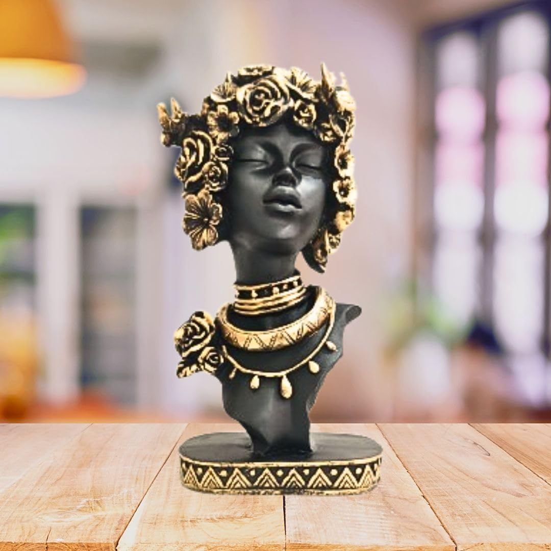 Flower Pattern African Negro Woman Statue | Creative Lady Bust Figurine for Home Decor | Artistic Resin Showpiece