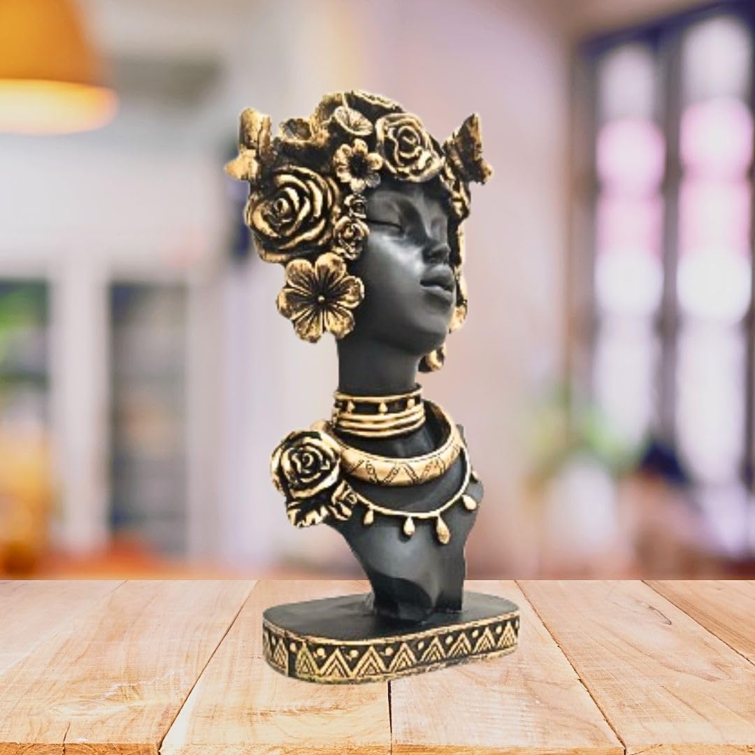 Flower Pattern African Negro Woman Statue | Creative Lady Bust Figurine for Home Decor | Artistic Resin Showpiece