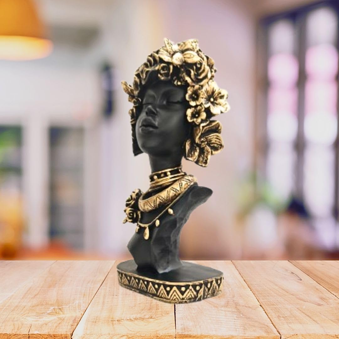 Flower Pattern African Negro Woman Statue | Creative Lady Bust Figurine for Home Decor | Artistic Resin Showpiece