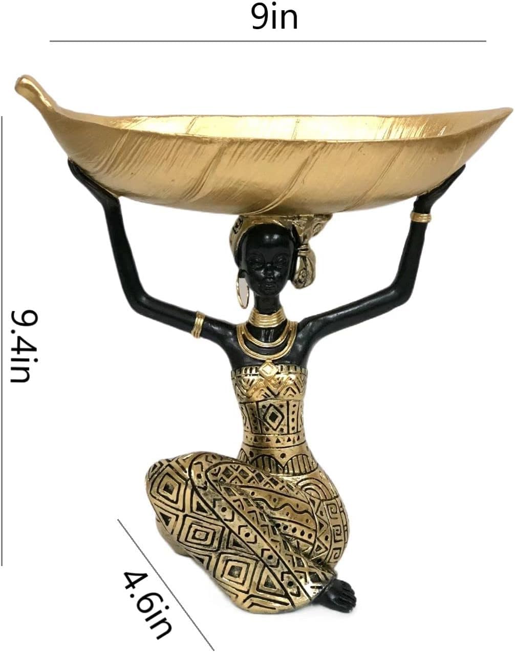African Woman Figurine with Golden Leaf Serving Dish | Ethnic Home Decor Accent | Resin Bowl Tabletop Centerpiece