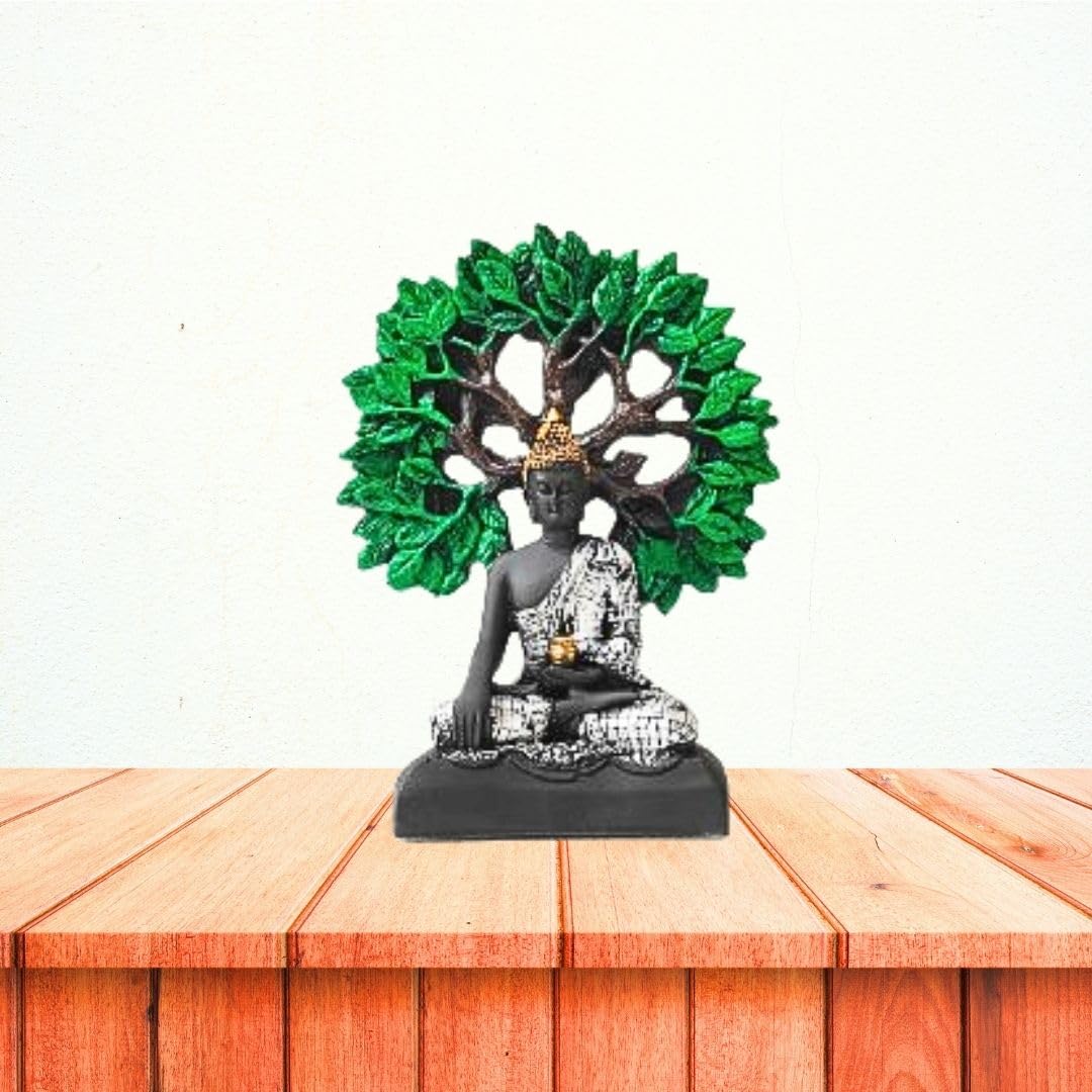 Serene Black & Silver Buddha Statues with Bodhi Tree Backdrop (Set of 2)