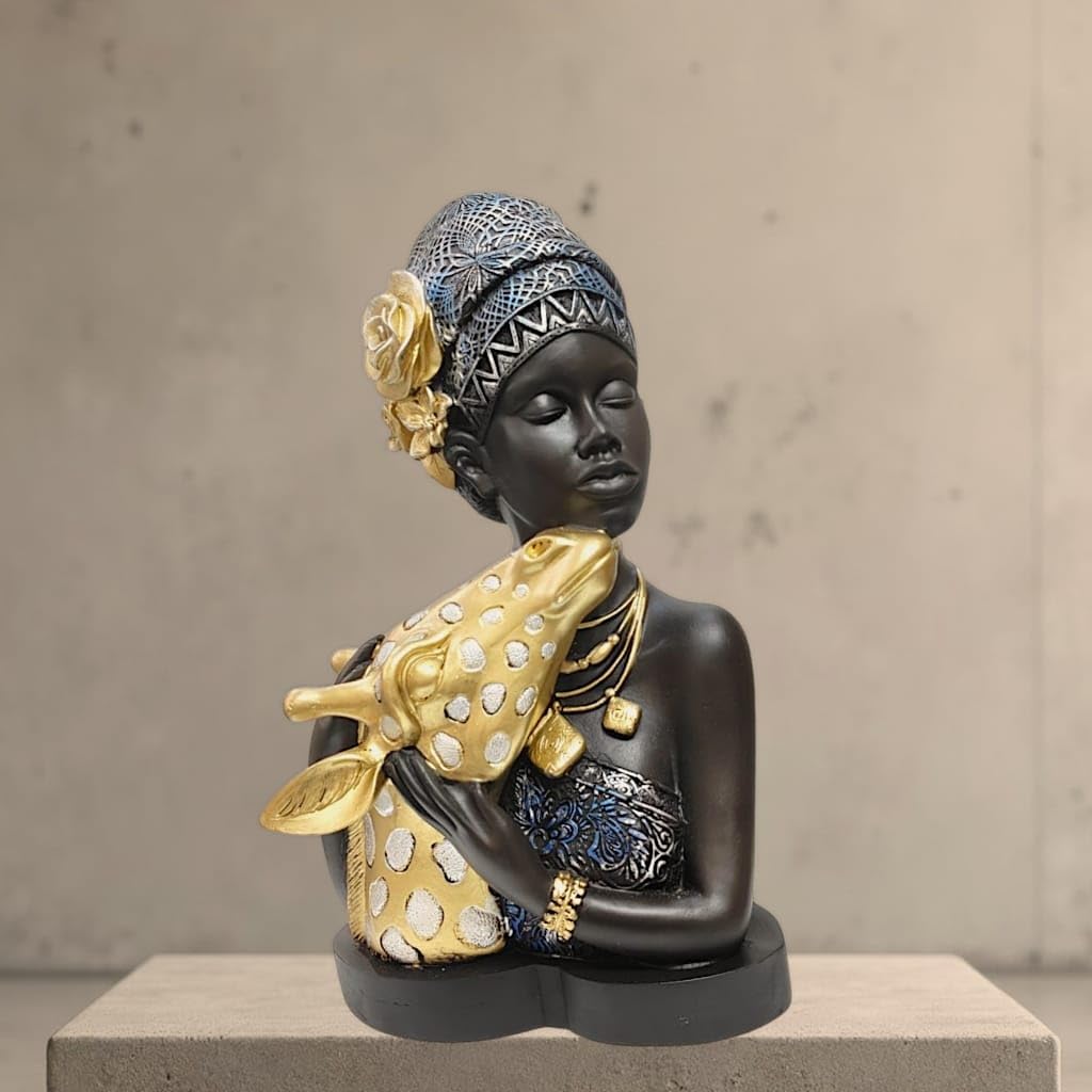 African Girl with Golden Giraffe Resin Showpiece – 13 Inch Elegant Stylish Accent Statue