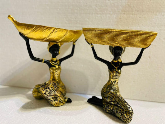 Set of 2 Gold Vintage Tribal Art Figurines | Stunning Home Decor Sculptures | 9.7 Inches