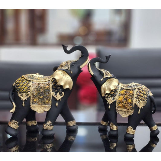 Gold Plated Resin Elephant Pair Statue | Vastu & Feng Shui Figurine for Home Decor | Prosperity & Wealth