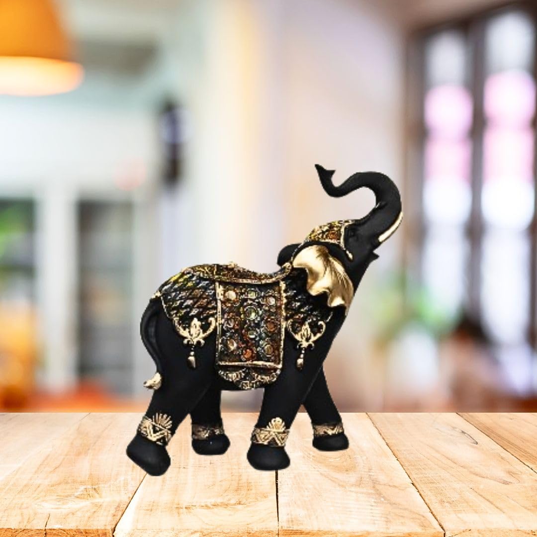 Black and Gold Elephant Idol with Raised Trunk | Vastu Lucky Elephant Tabletop Decor Showpiece (11.5 Inch)