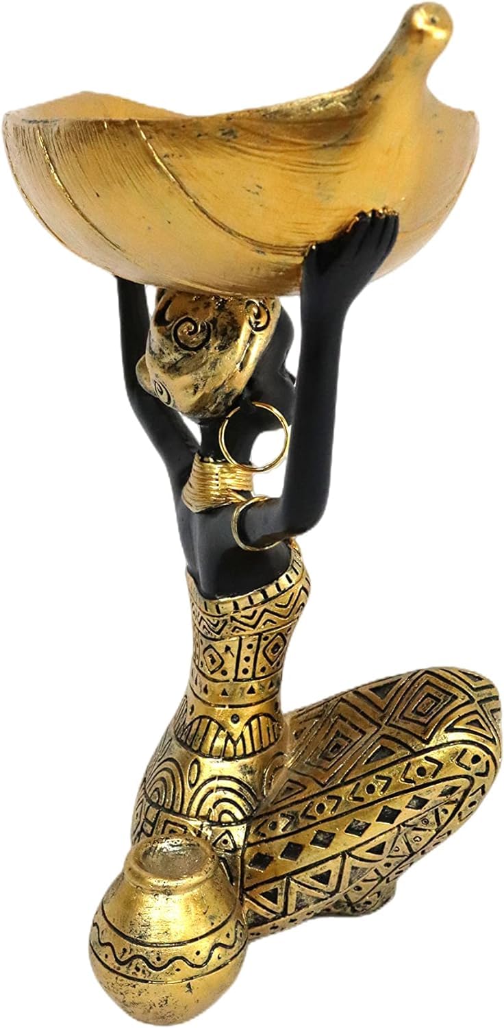 African Woman Figurine with Golden Leaf Serving Dish | Ethnic Home Decor Accent | Resin Bowl Tabletop Centerpiece