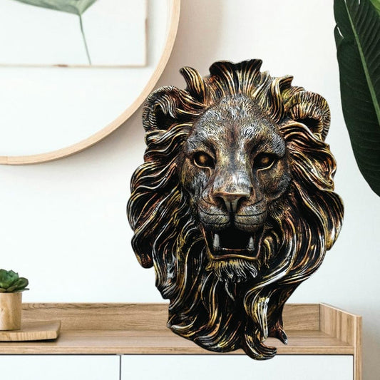 Regal Lion Head Wall Sculpture - Bronze & Gold Finish Resin Art Decor