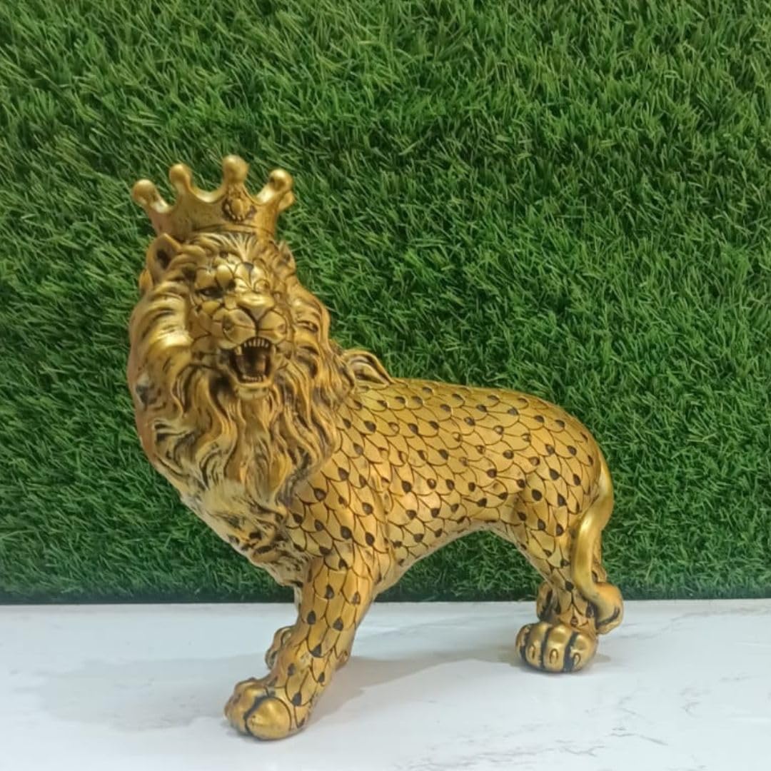 Regal Lion King | 10-Inch Resin Statue with Gold Plating & Crown | Handcrafted Decor for Home & Living Room