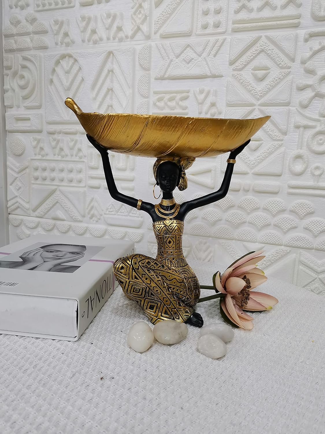 African Woman Figurine with Golden Leaf Serving Dish | Ethnic Home Decor Accent | Resin Bowl Tabletop Centerpiece