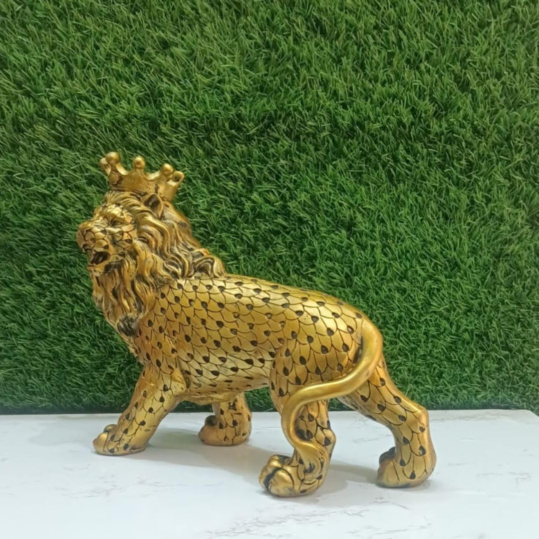 Regal Lion King | 10-Inch Resin Statue with Gold Plating & Crown | Handcrafted Decor for Home & Living Room