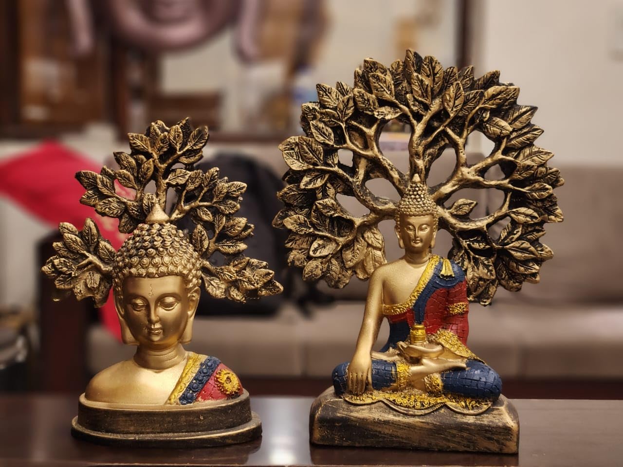 Antique Buddha Tree Sculpture Set of 2 –Spiritual Home Decor Statues – Resin Figurines for Peaceful Ambiance