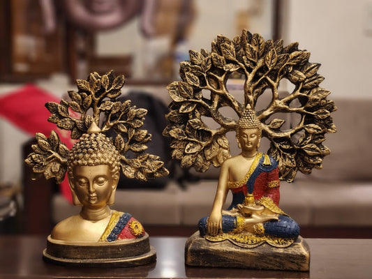 Antique Buddha Tree Sculpture Set of 2 –Spiritual Home Decor Statues – Resin Figurines for Peaceful Ambiance