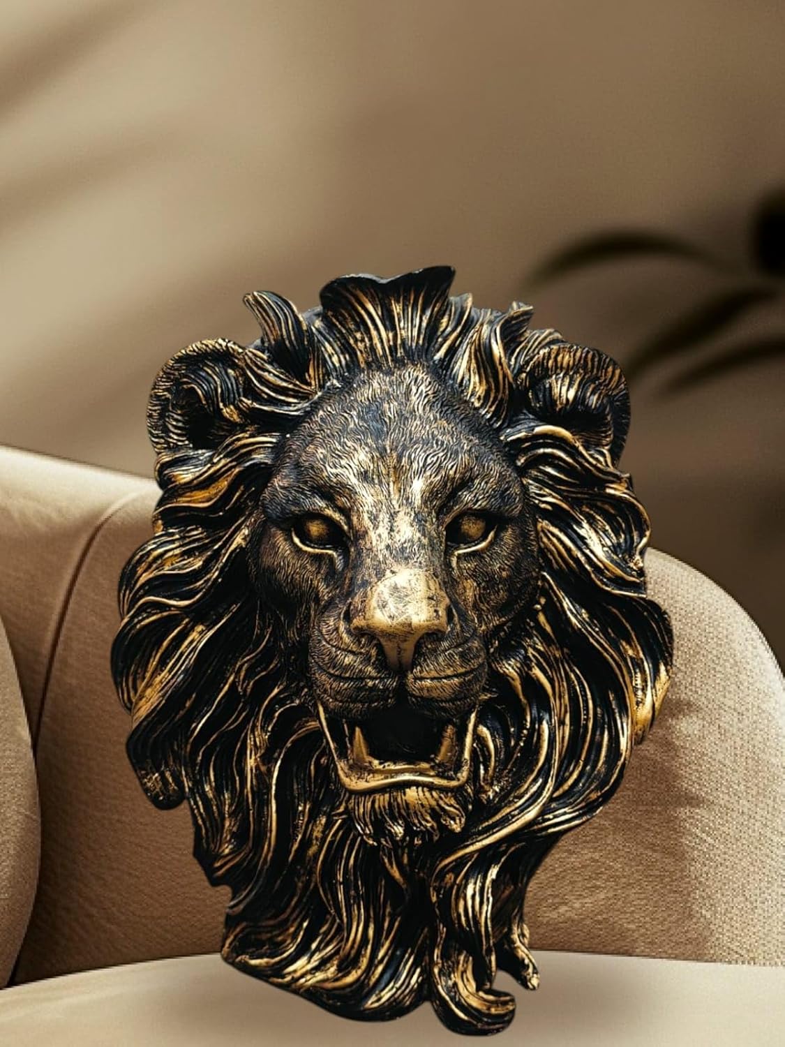 Majestic Antique Finish Lion Babbar Sher Decorative Showpiece | 16 Inch Regal Lion Figurine | Royal Polyresin Statue