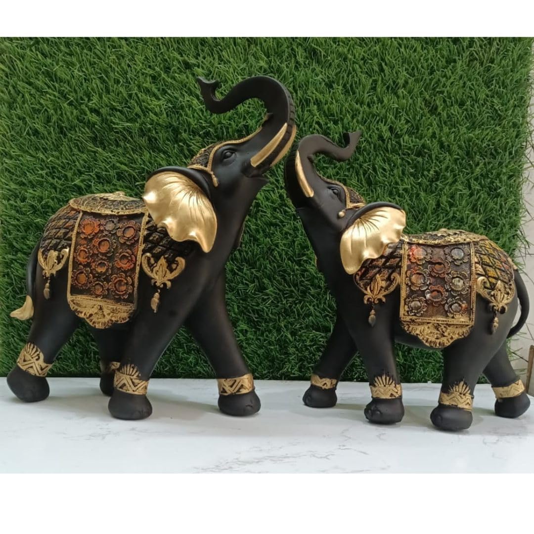 Gold Plated Resin Elephant Pair Statue | Vastu & Feng Shui Figurine for Home Decor | Prosperity & Wealth