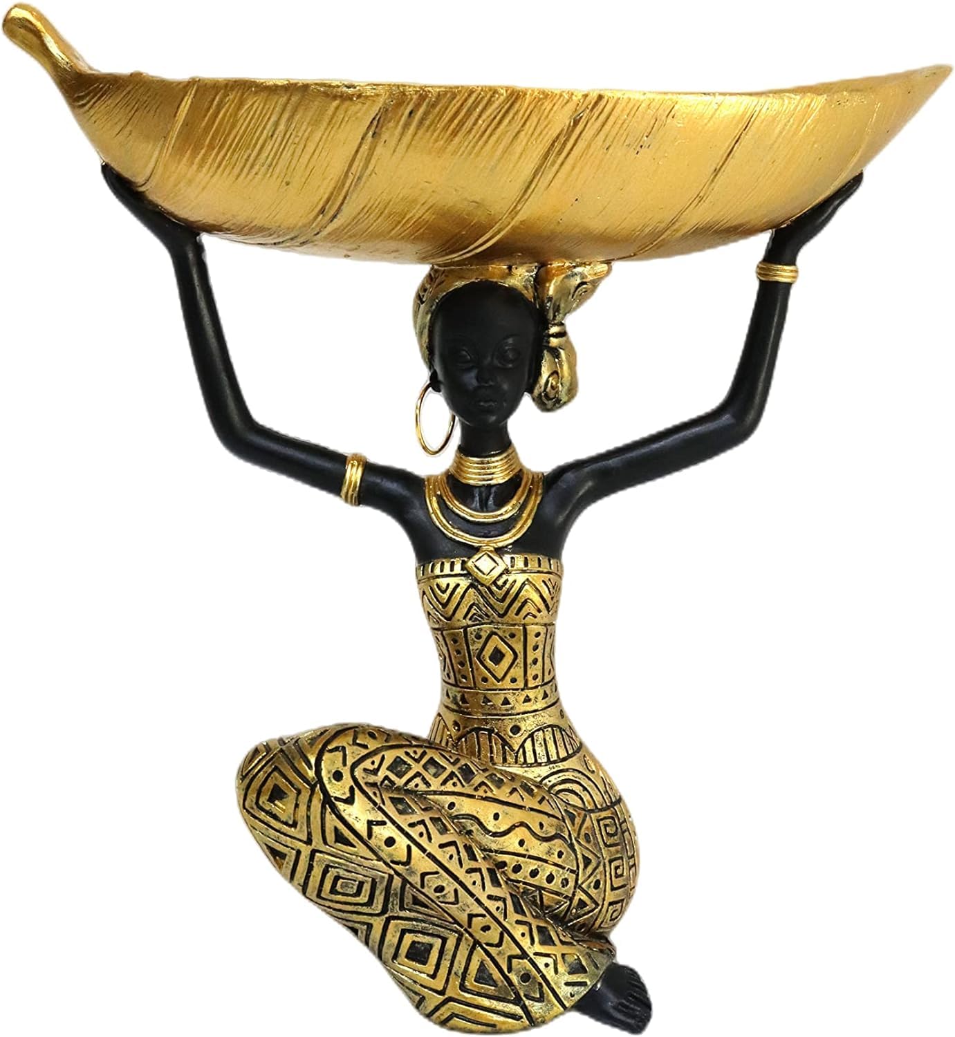 African Woman Figurine with Golden Leaf Serving Dish | Ethnic Home Decor Accent | Resin Bowl Tabletop Centerpiece