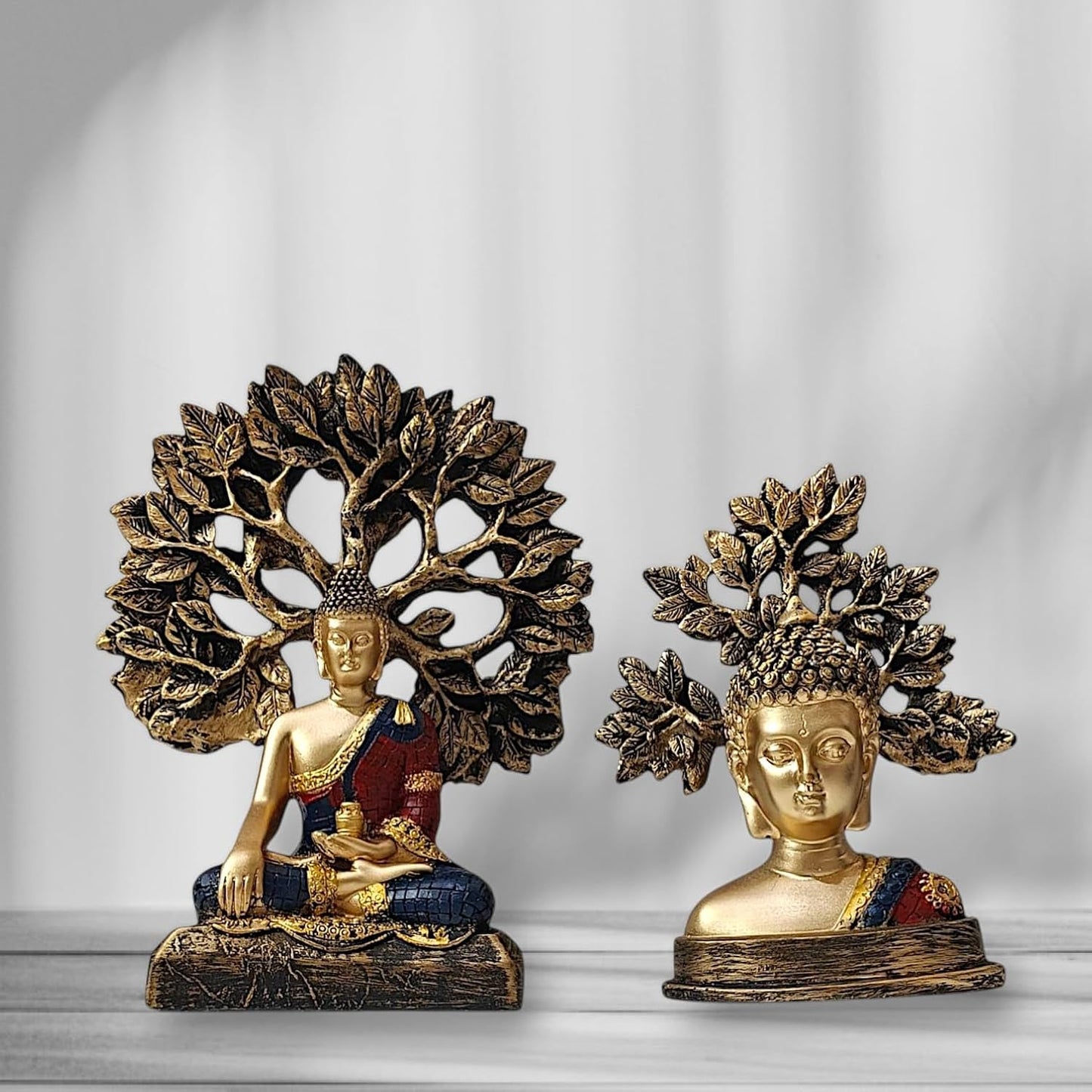 Antique Buddha Tree Sculpture Set of 2 –Spiritual Home Decor Statues – Resin Figurines for Peaceful Ambiance